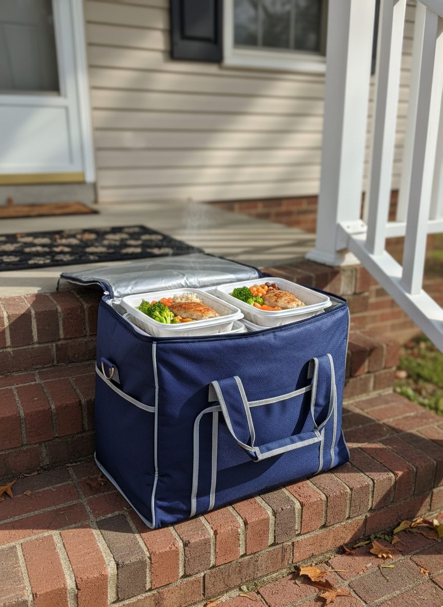 A sturdy insulated meal delivery bag made of deep navy fabric with reflective silver trim, resting on the brick steps of a modest Jacksonville, Alabama home. The bag is unzipped to reveal neatly arranged, steaming containers of hot, nutritious lunches in simple white trays, with hints of vegetables and grains visible through clear lids. Late-morning natural light casts soft, realistic shadows across the porch rail and weathered welcome mat, suggesting a quiet residential neighborhood. Photographic realism, eye-level composition, with the house’s pale siding and a few autumn leaves blurred in the background for gentle depth of field. The mood is professional yet warm and caring, emphasizing dependable service to homebound neighbors without showing any people.
