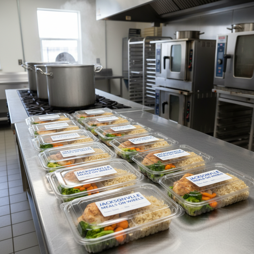 A clean, stainless-steel kitchen counter lined with three organized rows of labeled, lidded meal trays, each filled with balanced portions of protein, vegetables, and starch, steam faintly fogging the clear tops. Behind them, large stock pots and industrial ovens suggest ongoing cooking for multiple delivery routes. Overhead fluorescent lighting combines with faint daylight from a small side window, creating bright, even illumination and crisp reflections on the metal surfaces. Shot from a slightly elevated angle in photographic realism, the composition uses leading lines of trays receding into the background, evoking efficiency, safety, and professionalism in meal preparation for Jacksonville Meals on Wheels clients.