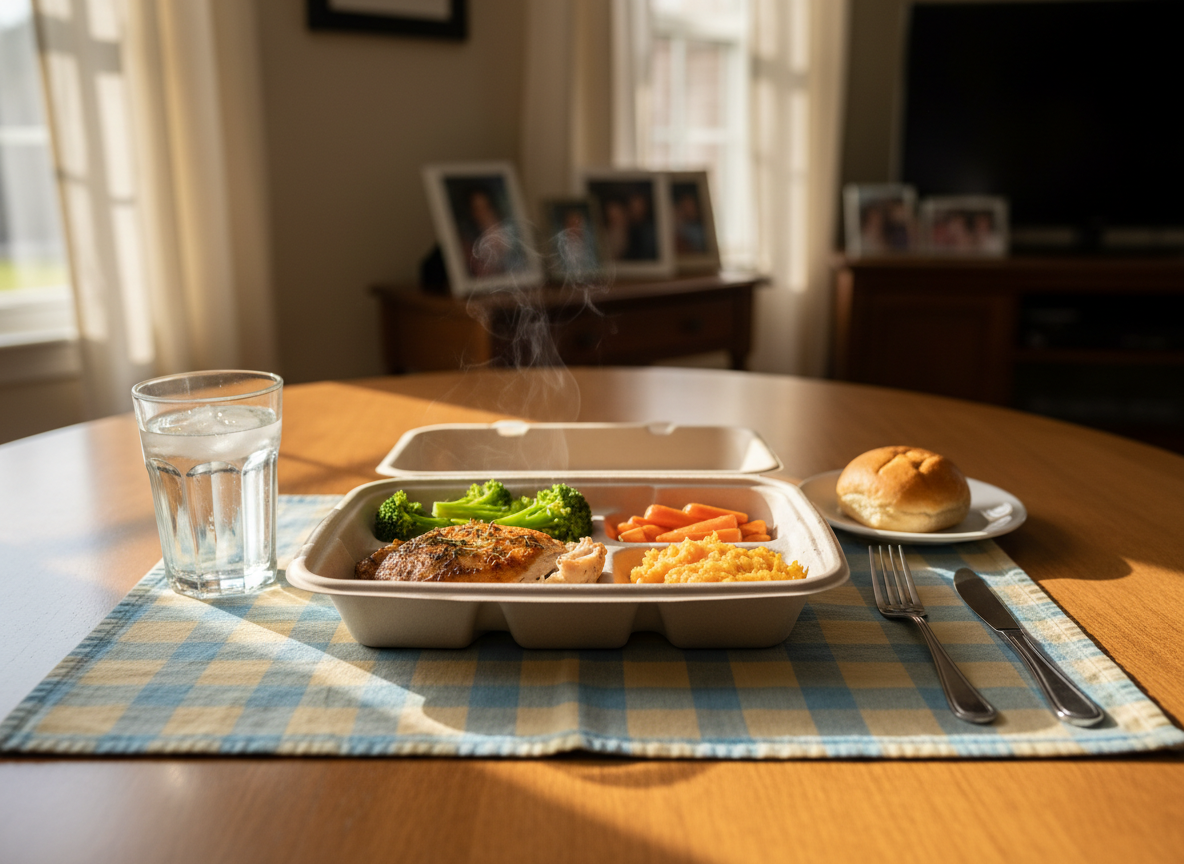 A warmly lit dining table in a tidy Jacksonville, Alabama living room, set for one homebound neighbor. At the center sits a single opened meal tray filled with a steaming entrée, colorful vegetables, and a small roll on a separate saucer, with gentle wisps of steam rising. The tray rests on a neatly folded, pastel-colored placemat beside a glass of water and simple stainless-steel utensils. Late-afternoon sunlight filters through semi-sheer curtains, casting soft, golden highlights on the wooden tabletop and creating long, gentle shadows. Captured at eye level in photographic realism, with a shallow depth of field that blurs framed family photos and a television in the background, the image feels respectful, dignified, and quietly hopeful.