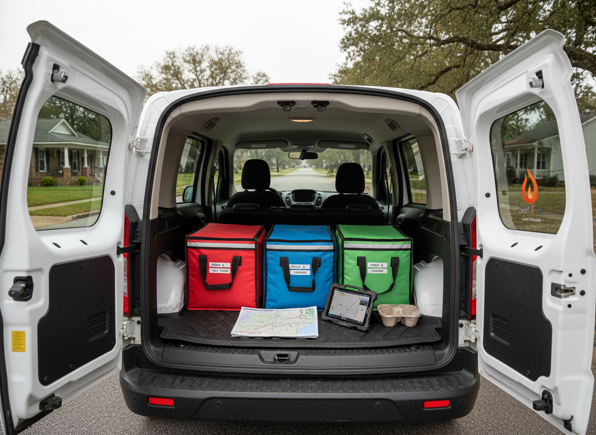 The interior of a compact, well-maintained delivery car parked on a quiet Jacksonville, AL residential street, photographed from the open rear hatch. The cargo area is carefully packed with three color-coded insulated carriers, each tagged for a different delivery route, along with a simple paper map and a digital tablet resting on a rubber mat. Soft overcast daylight enters from outside, creating diffused, shadow-free lighting that highlights textures of fabric, plastic, and paper. In the background, modest Southern homes and leafy trees are gently blurred. Photographic realism with a wide-angle lens emphasizes organization and readiness, conveying a calm, methodical atmosphere of hot meal deliveries underway without any people present.